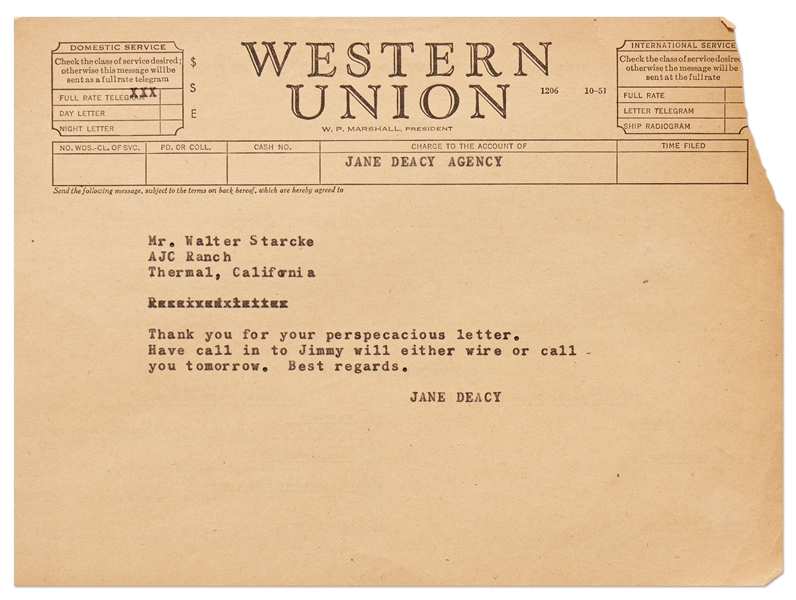 Telegram from Jane Deacy Regarding James Dean