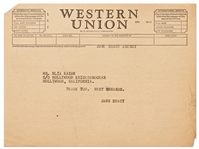 Telegram from Jane Deacy to East of Eden Director Elia Kazan with a Simple Thank You