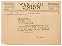 Telegram from Jane Deacy Regarding James Deans Film Contract with Warner Brothers