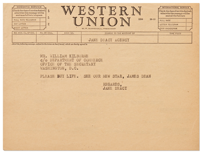 Telegram from Jane Deacy Regarding James Dean's ''LIFE'' Magazine Photo Shoot -- ''See our new star, James Dean''