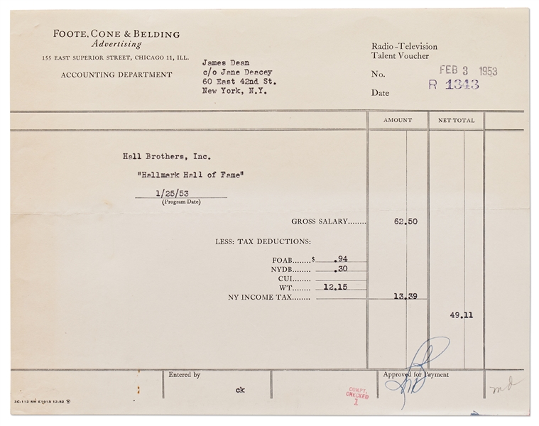 Payment Voucher for James Dean's Appearance on the Hallmark Hall of Fame