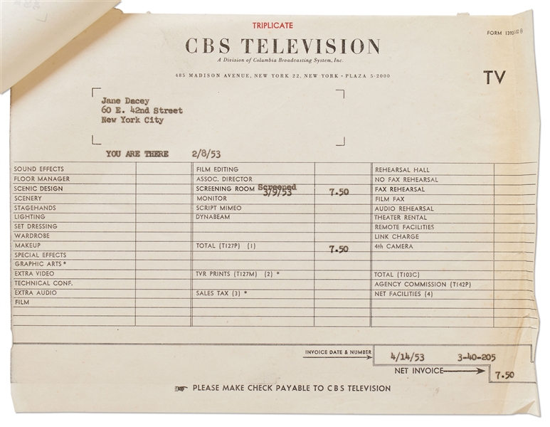 Invoice from CBS Television for Use of a Screening Room for James Dean's Performance in ''The Capture of Jesse James''