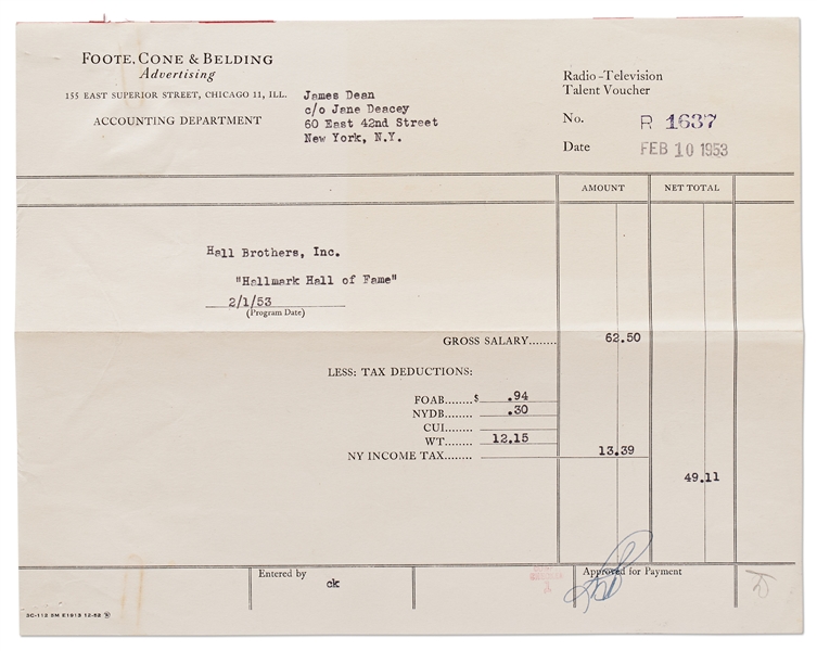 Payment Voucher for James Dean's Appearance on the Hallmark Hall of Fame