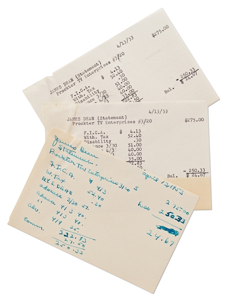 Set of Three Notes Regarding James Dean's 1953 Appearance in ''Treasury Men in Action''