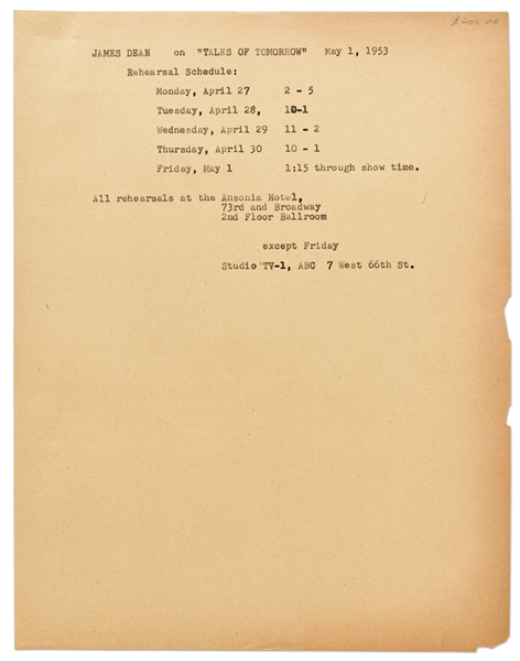 James Dean's Rehearsal Schedule for the TV Show ''Tales of Tomorrow''