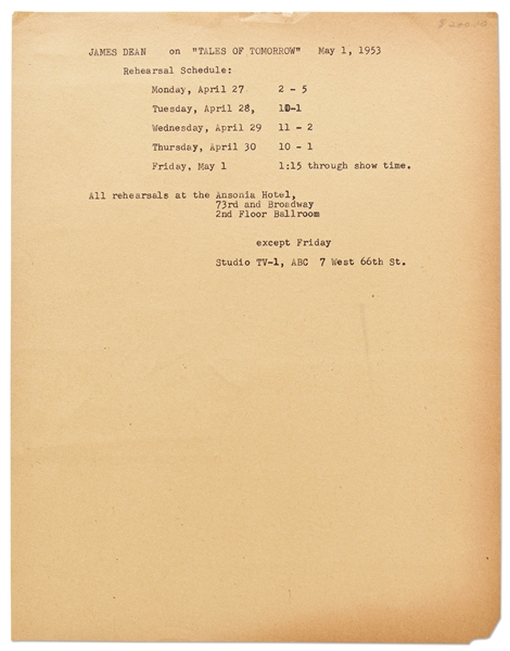 James Dean's Rehearsal Schedule for the TV Show ''Tales of Tomorrow''