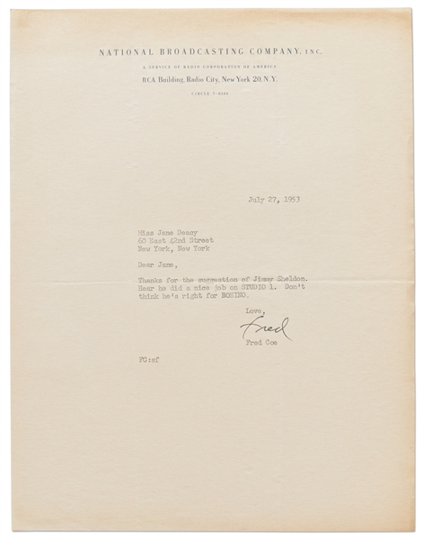 Letter from NBC to Jane Deacy Regarding Director James Sheldon, Who Introduced James Dean to Deacy