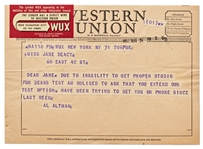 Western Union Telegram from MGM to Jane Deacy Regarding Test Option for James Dean