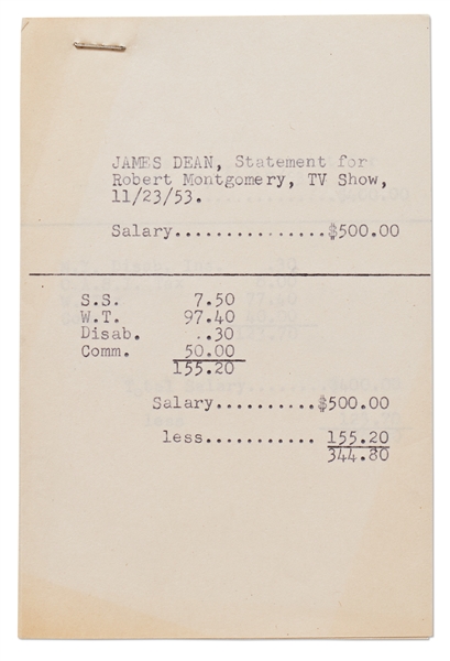 1953 Financial Statement from Jane Deacy's Office Regarding James Dean