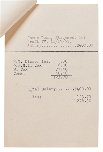 1953 Financial Statement from Jane Deacy's Office Regarding James Dean