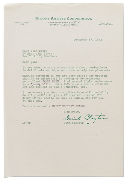 Letter from Famous Artists Corp. to Jane Deacy Regarding Representing James Dean on the West Coast