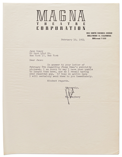 Letter From Magna Theatre Corp. to Jane Deacy Regarding James Dean's Publicity Photos