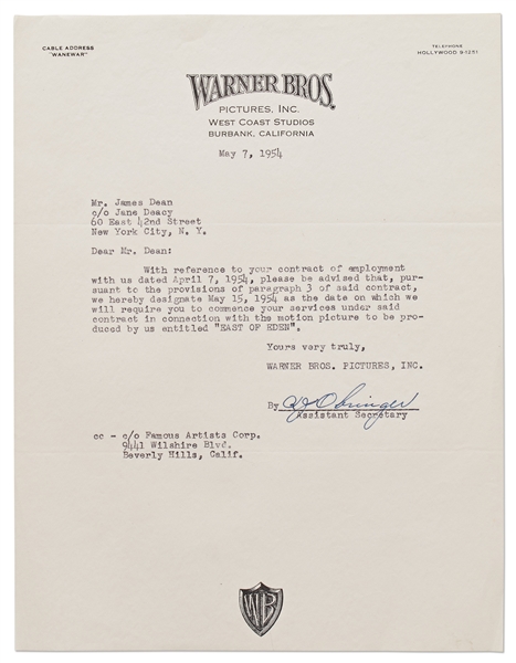 Warner Brothers Letter to James Dean -- ''...the motion picture to be produced by us entitled 'EAST OF EDEN'...''