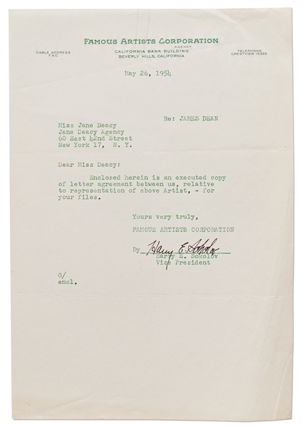 Letter from Famous Artists Corp. to Jane Deacy ''Re: JAMES DEAN''