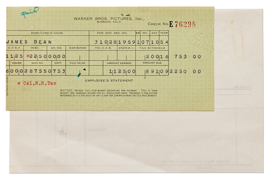 James Dean's Paycheck Stub from Warner Brothers for Filming ''East of Eden''