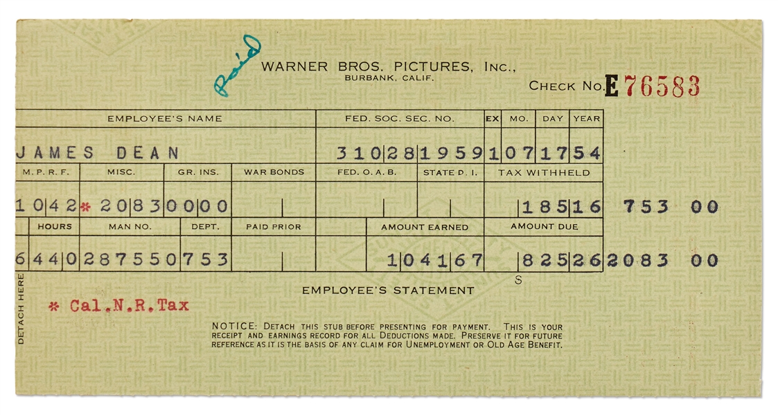 James Dean's Paycheck Stub from Warner Brothers for Filming ''East of Eden''