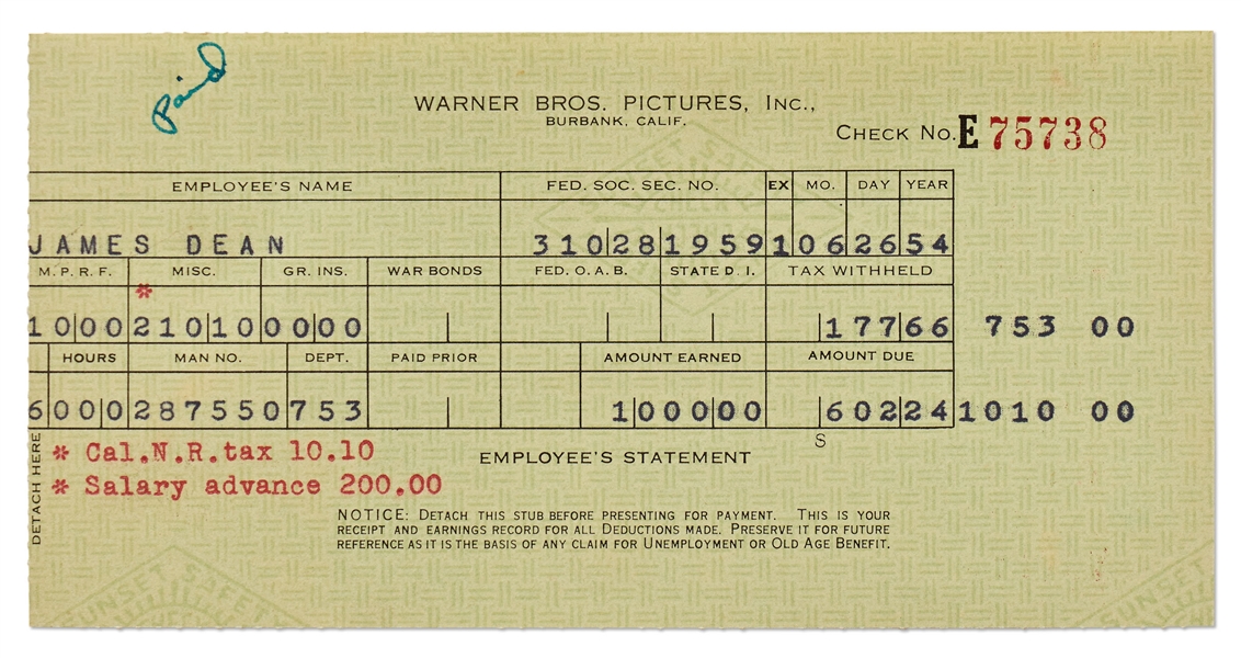 James Dean's Paycheck Stub from Warner Brothers for Filming ''East of Eden''