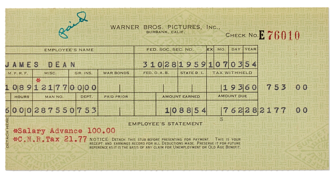 James Dean's Paycheck Stub from Warner Brothers for Filming ''East of Eden''