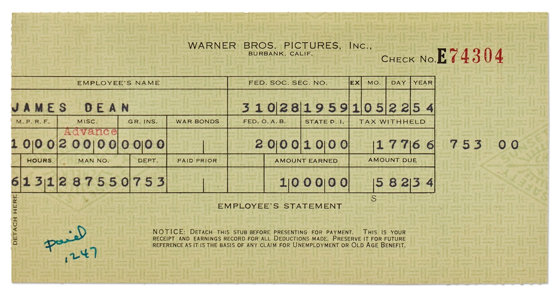 James Dean's Paycheck Stub from Warner Brothers for Filming ''East of Eden''