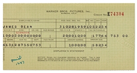 James Deans Paycheck Stub from Warner Brothers for Filming East of Eden