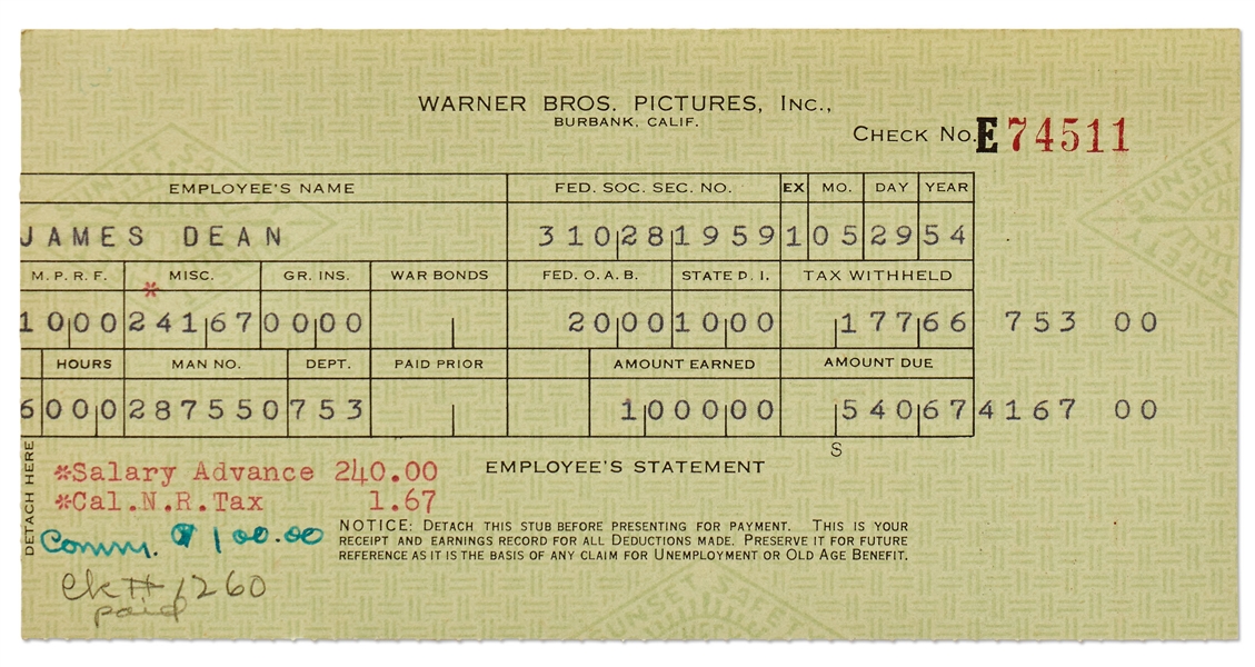 James Dean's Paycheck Stub from Warner Brothers for Filming ''East of Eden''