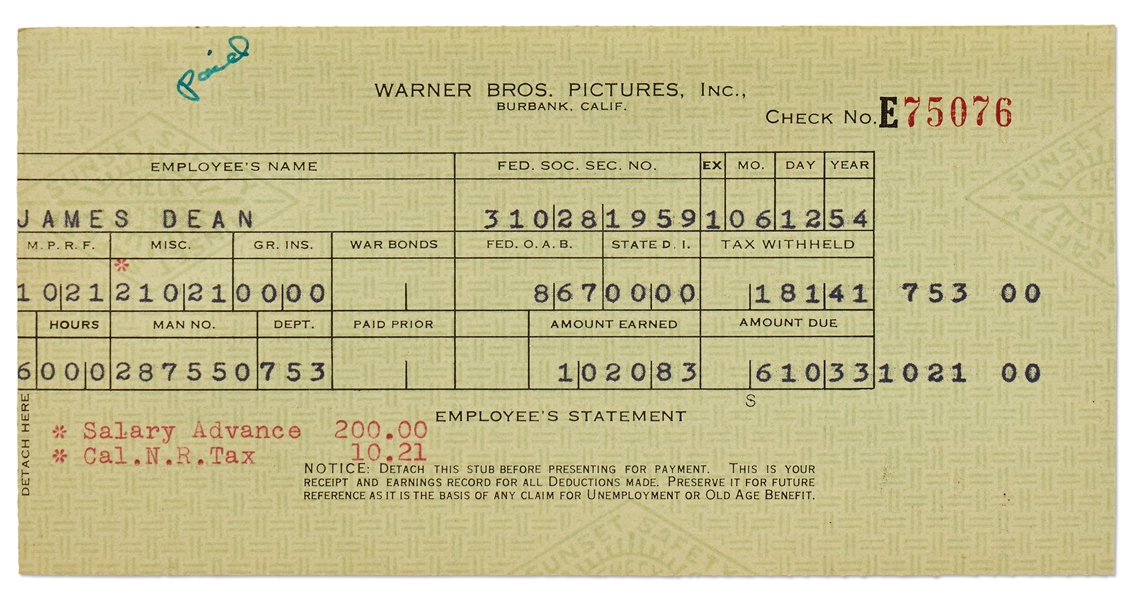 James Dean's Paycheck Stub from Warner Brothers for Filming ''East of Eden''