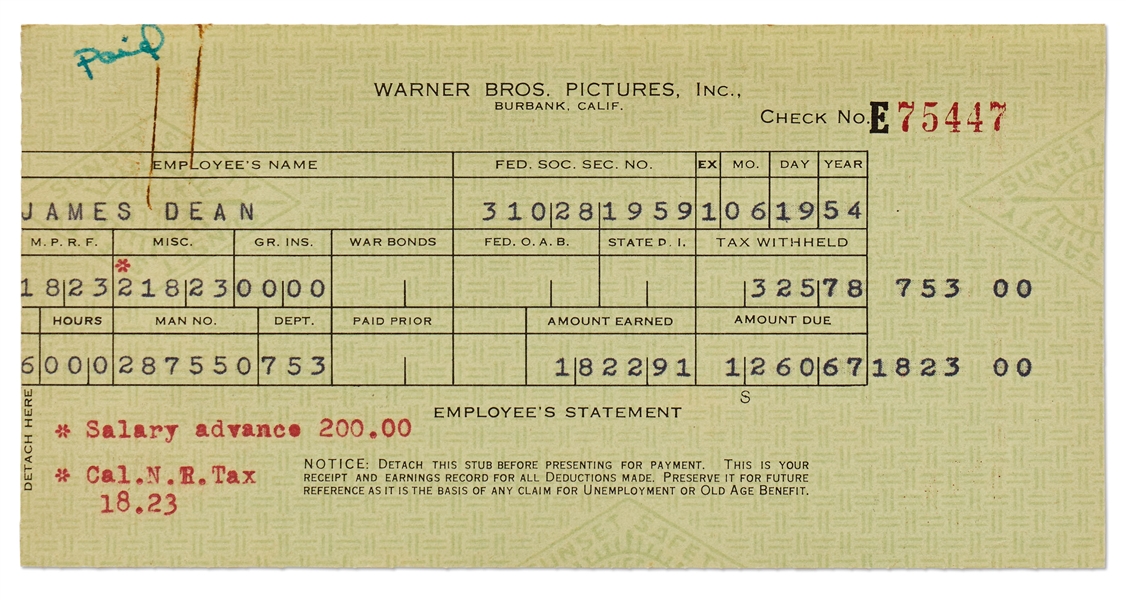 James Dean's Paycheck Stub from Warner Brothers for Filming ''East of Eden''