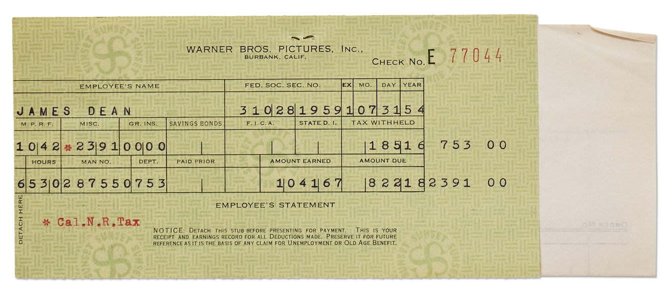 James Dean's Paycheck Stub from Warner Brothers for Filming ''East of Eden''