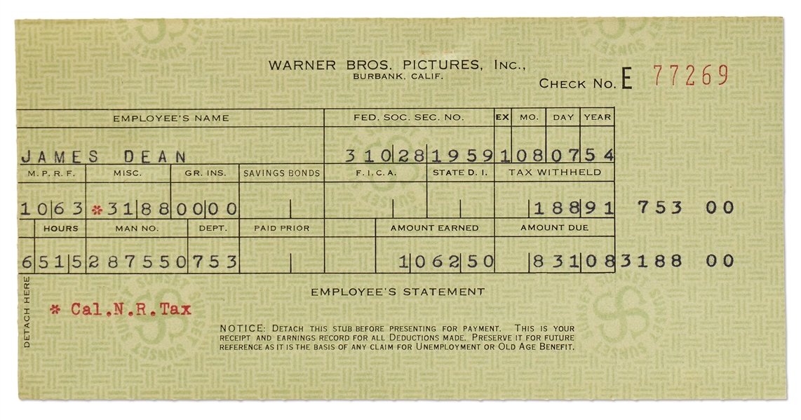 James Dean's Paycheck Stub from Warner Brothers for Filming ''East of Eden''