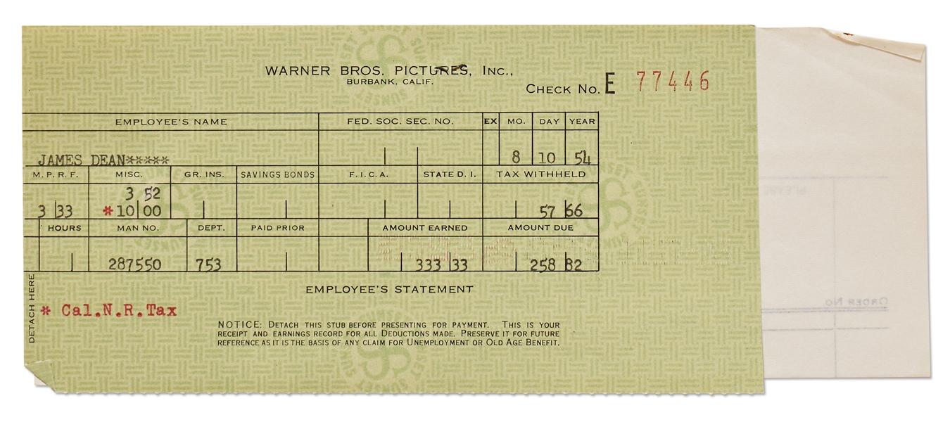 James Dean's Paycheck Stub from Warner Brothers for Filming ''East of Eden''