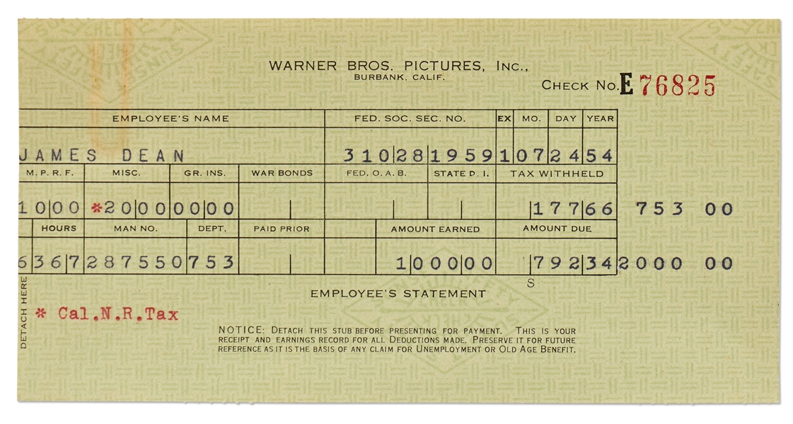 James Dean's Paycheck Stub from Warner Brothers for Filming ''East of Eden''