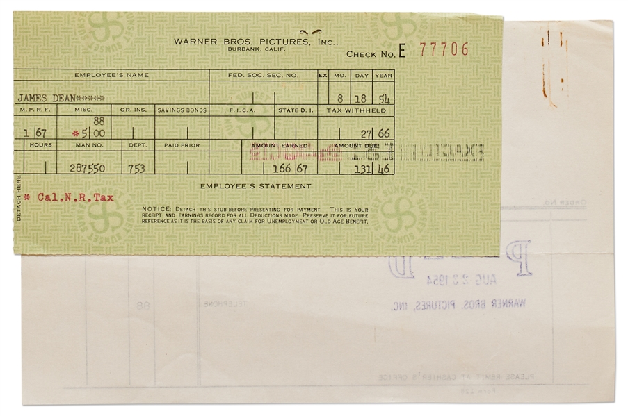 James Dean's Paycheck Stub from Warner Brothers for Filming ''East of Eden''