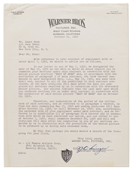 Letter from Warner Brothers to James Dean -- ''...in connection with the production of said motion picture 'EAST OF EDEN'...''