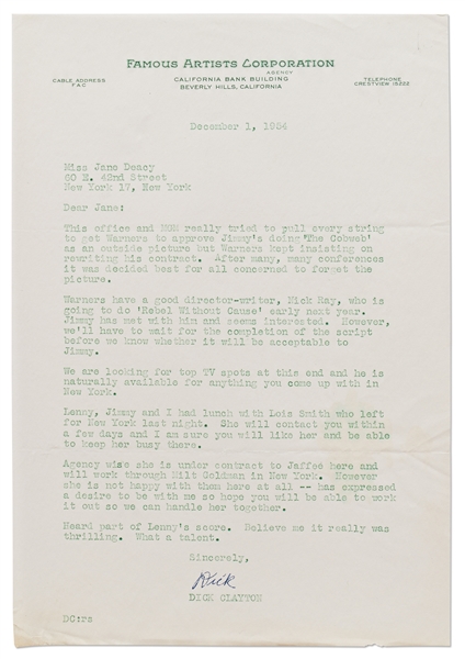 December 1954 Letter from Famous Artists Regarding James Dean in the Upcoming Film, Here Named ''Rebel Without Cause''