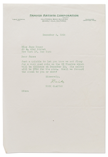 Letter to Jane Deacy from Famous Artists Regarding a ''very good role'' for James Dean