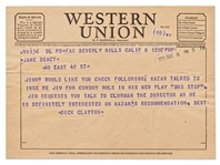 Telegram from Dick Clayton to Jane Deacy -- Jimmy would like you check following: Kazan talked to Inge Re Jim for cowboy role in his new play Bus Stop. Jim...is definitely interested...
