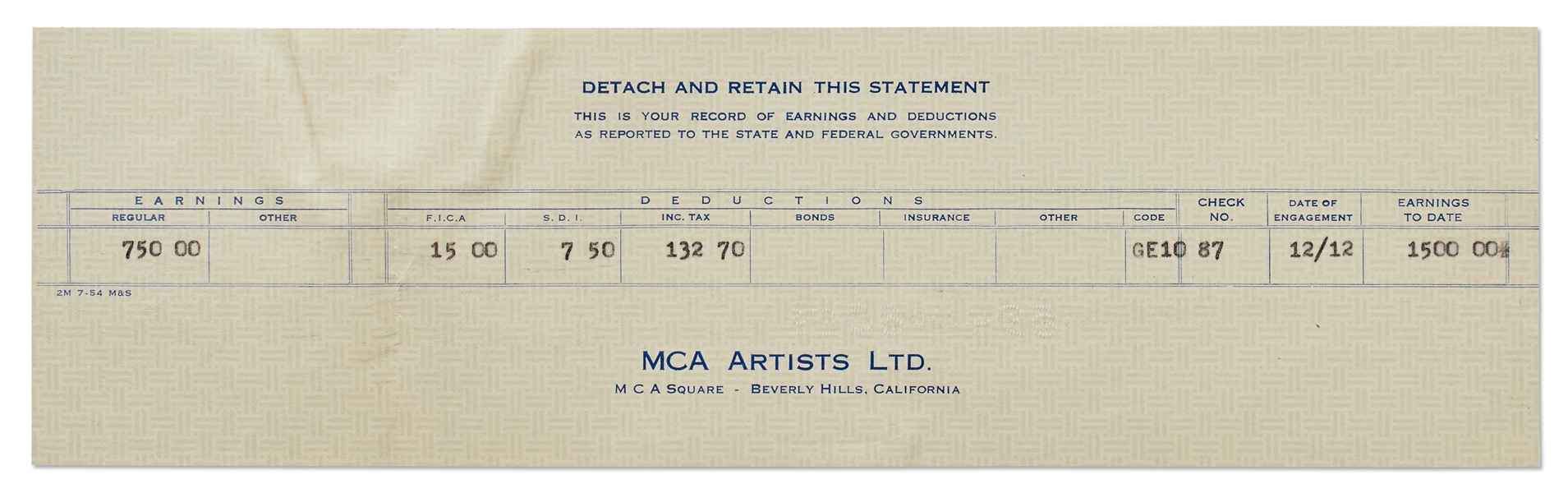 Financial Paperwork for James Dean in December 1954