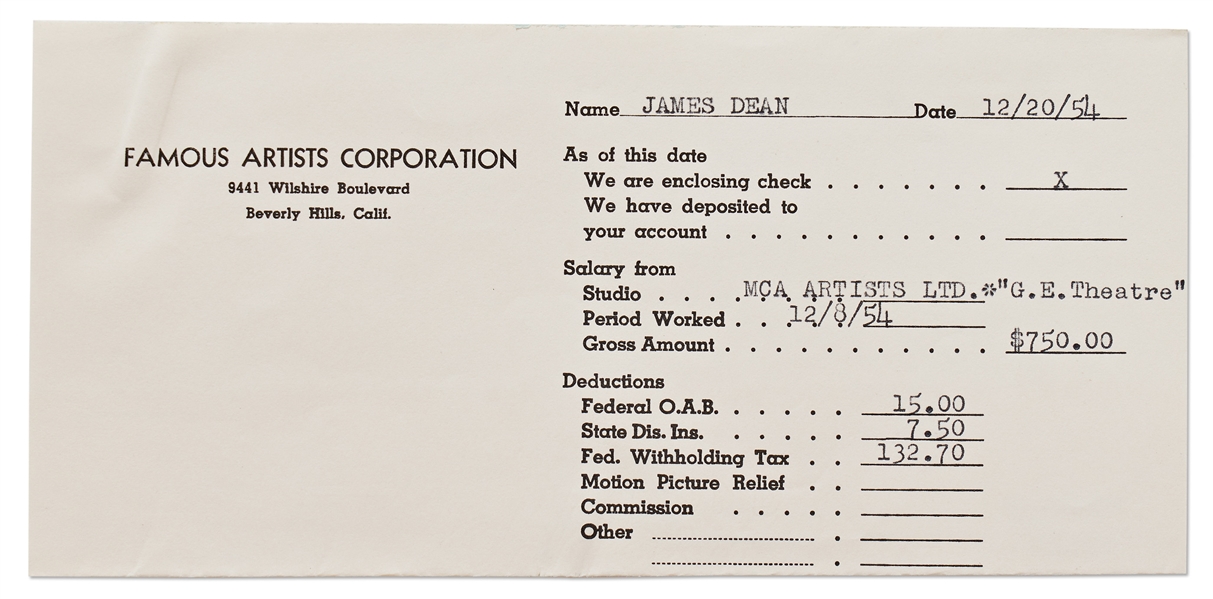 Financial Paperwork for James Dean in December 1954