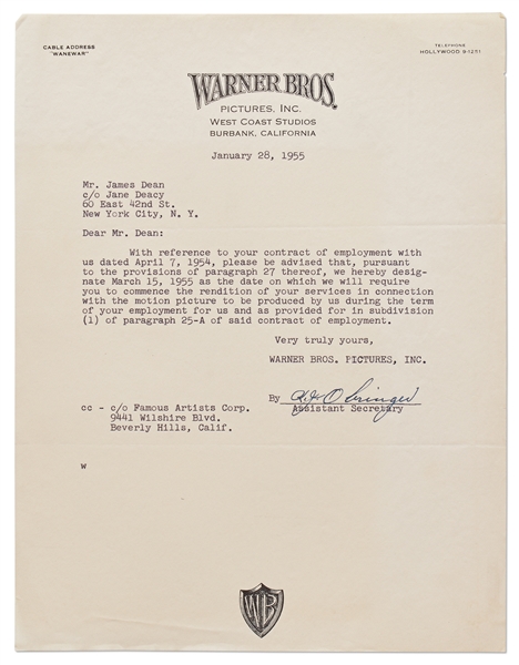 Letter from Warner Brothers to James Dean Regarding Filming His Second Movie