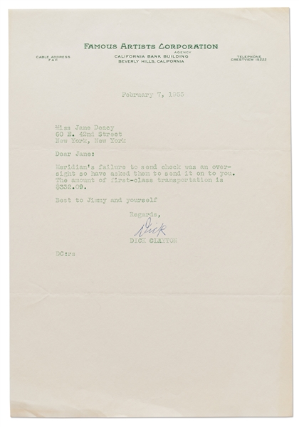 Letter to Jane Deacy from Dick Clayton Regarding a Missed Check for James Dean