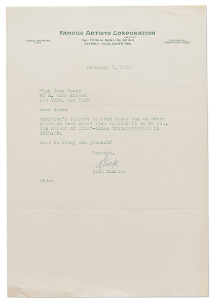 Letter to Jane Deacy from Dick Clayton Regarding a Missed Check for James Dean