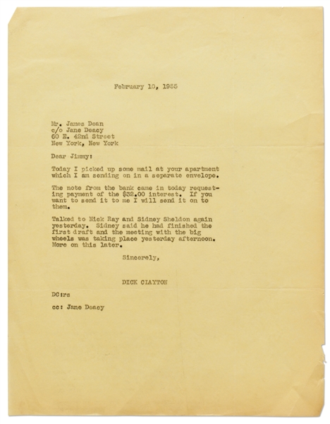 Dick Clayton Letter to James Dean, with Mention of ''Rebel Without a Cause'' Dealings -- ''...Talked to Nick Ray and Sidney Sheldon...''