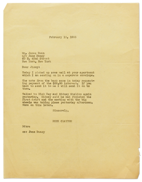 Dick Clayton Letter to James Dean, with Mention of ''Rebel Without a Cause'' Dealings -- ''...Talked to Nick Ray and Sidney Sheldon...''