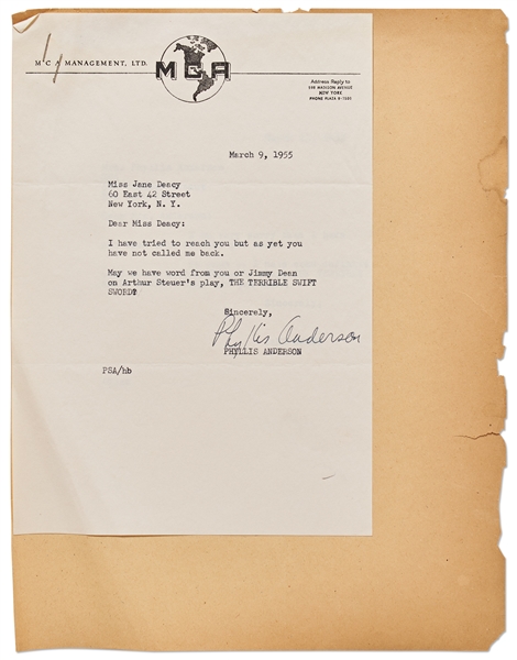 Correspondence to Jane Deacy Regarding James Dean's Role in the Play ''The Terrible Swift Sword''