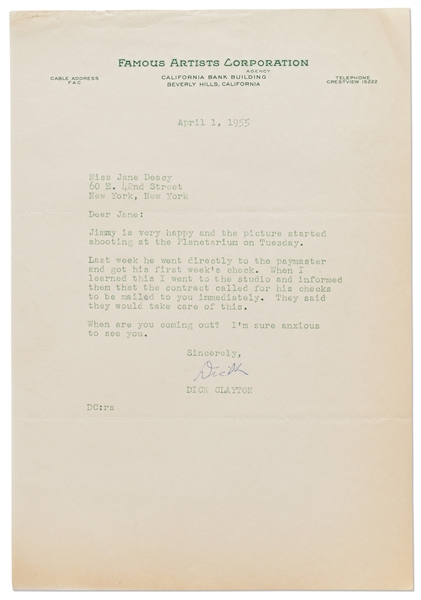 Letter from Dick Clayton to Jane Deacy Regarding James Dean Filming ''Rebel Without a Cause'' -- ''...the picture started shooting at the Planetarium on Tuesday...''