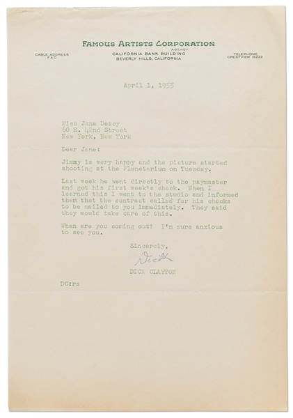 Letter from Dick Clayton to Jane Deacy Regarding James Dean Filming ''Rebel Without a Cause'' -- ''...the picture started shooting at the Planetarium on Tuesday...''