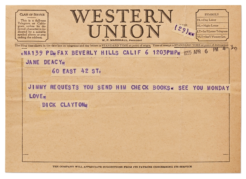 Telegram from Dick Clayton to Jane Deacy -- ''Jimmy requests you send him check books...''