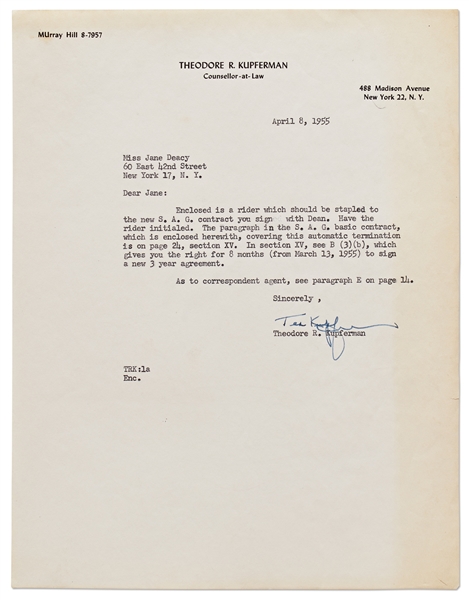 Letter from Lawyer Ted Kupferman to Jane Deacy Regarding Her Contract with James Dean