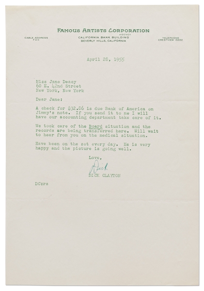 Letter from Dick Clayton to Jane Deacy During Filming of ''Rebel Without a Cause'' -- ''...Have been on the set every day. He is very happy and the picture is going well...''