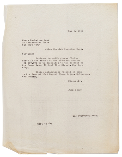 Jane Deacy Letter, Taking Care of James Dean's Finances While He Filmed ''Rebel Without a Cause''